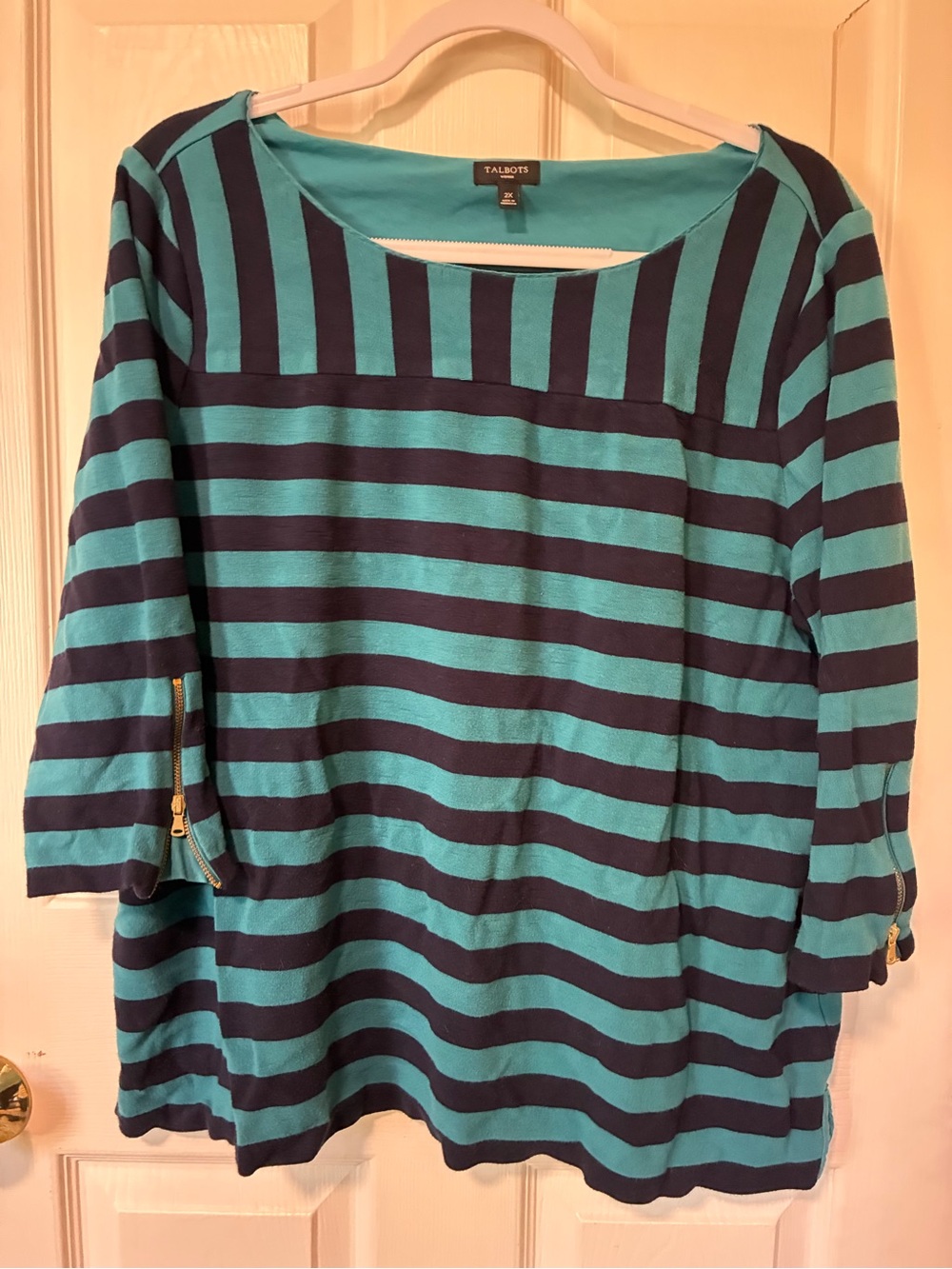 Talbots Teal and Navy Striped Boatneck Tunic with Gold Zipper Accents